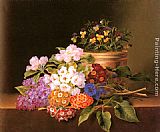 Johan Laurentz Jensen Famous Paintings - Apple Blossoms, Lilac, Violas, Cornflowers and Primroses on a Ledge